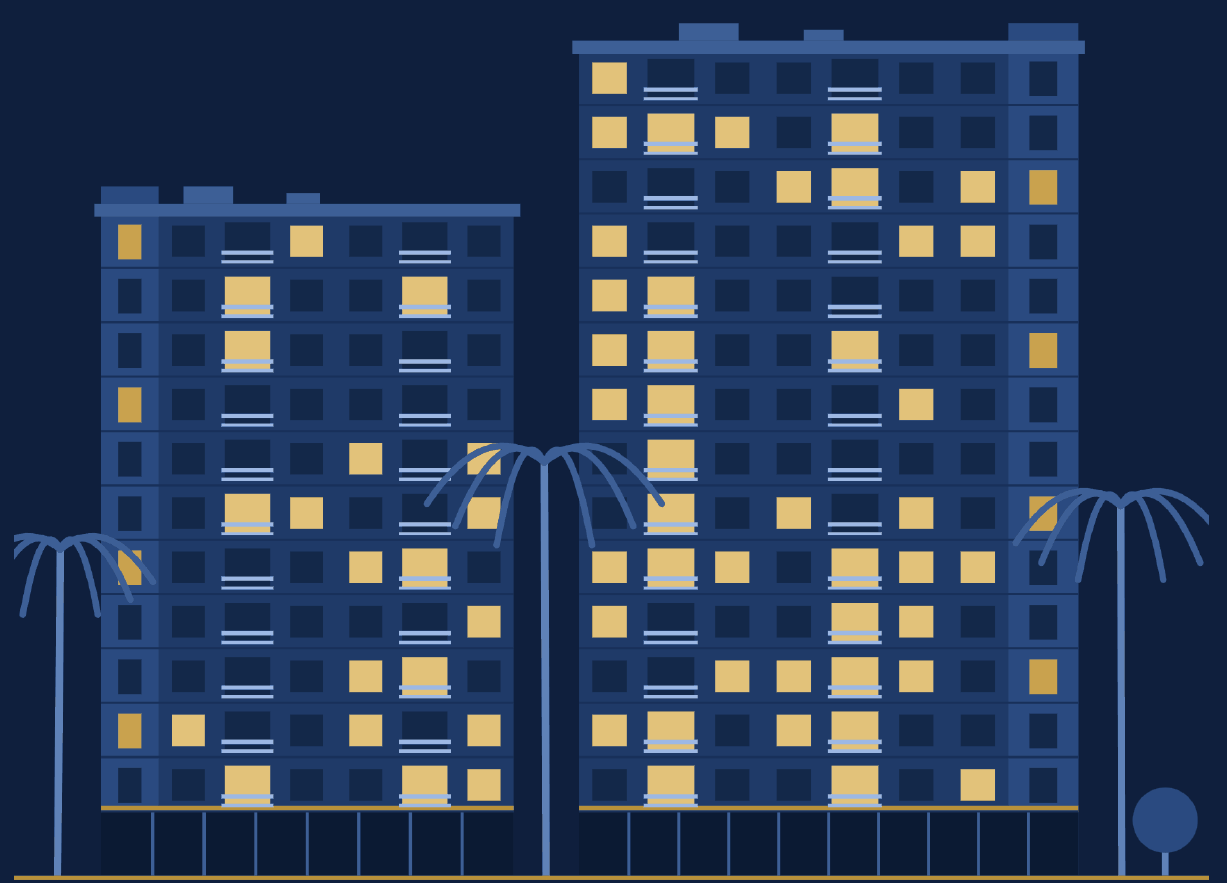 Illustration of two apartment towers at night with lit windows and palm trees